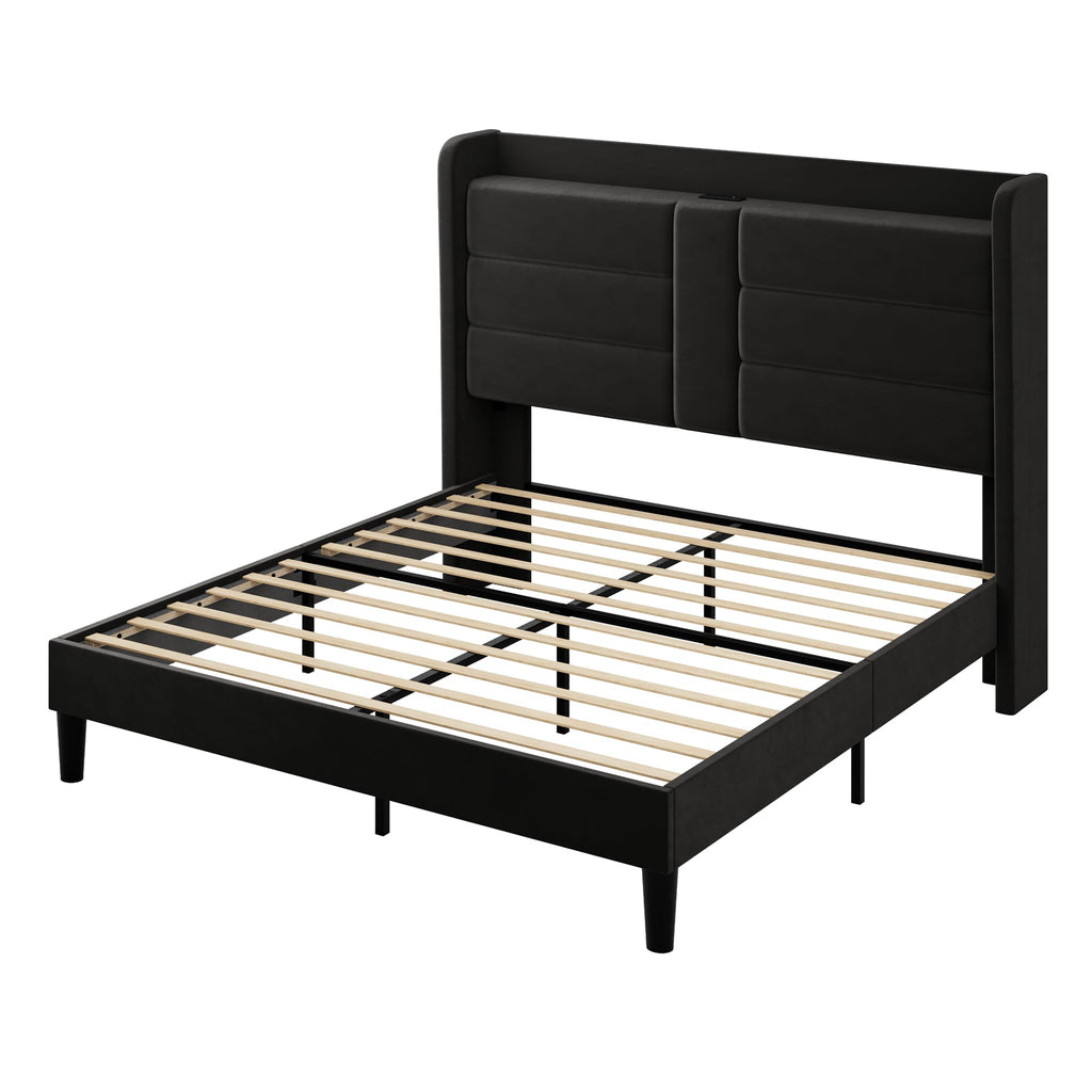Queen Size Black Velvet Upholstered Platform Bed Frame with Storage Headboard K3899