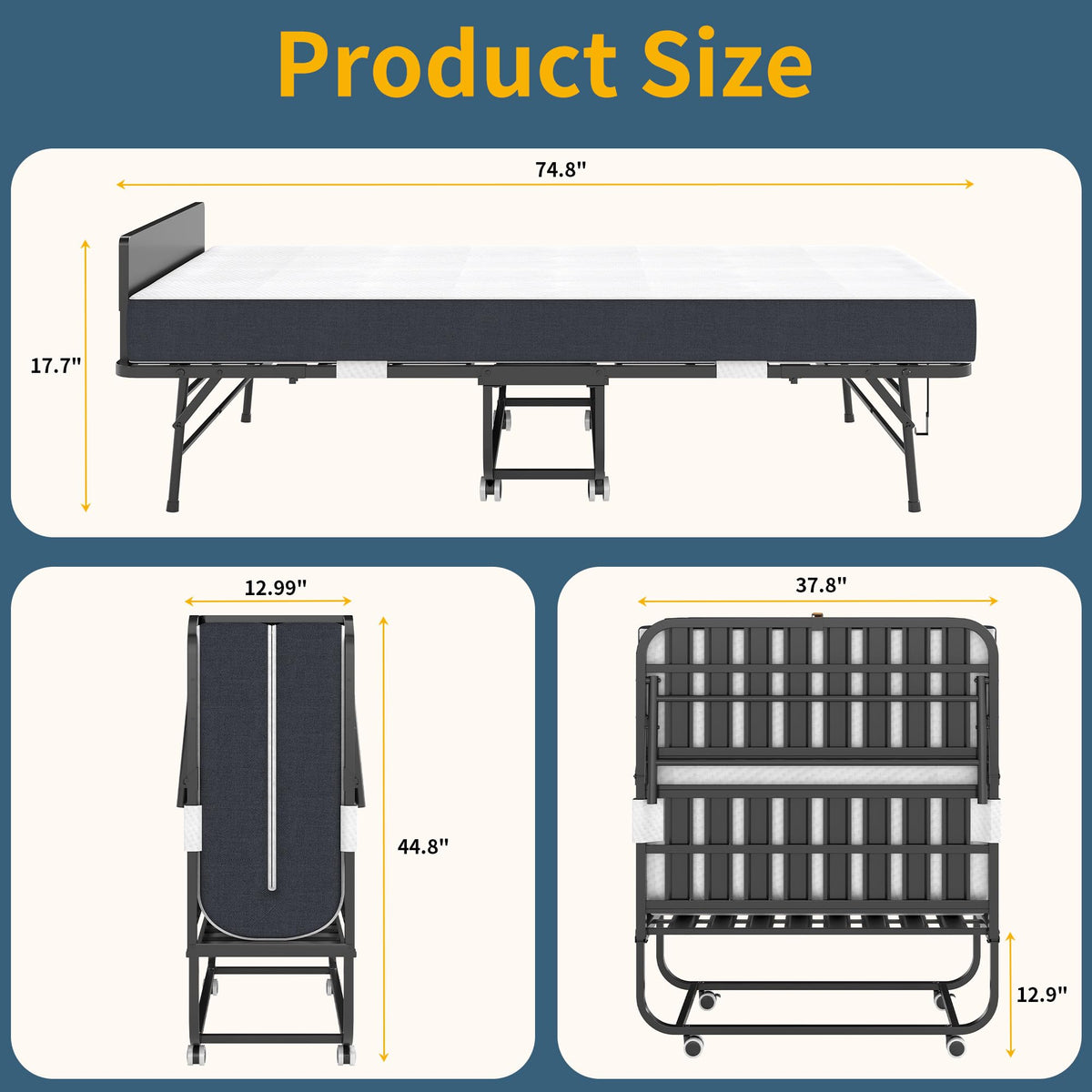 Folding Bed with Mattress, 75" x 38" Twin Size Q7886