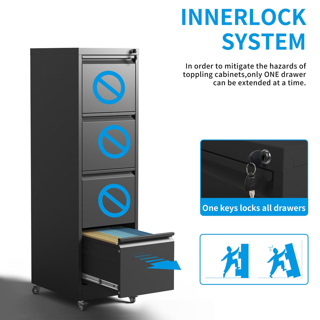 4-Drawer Mobile File Cabinet with Lock and Wheels B4001