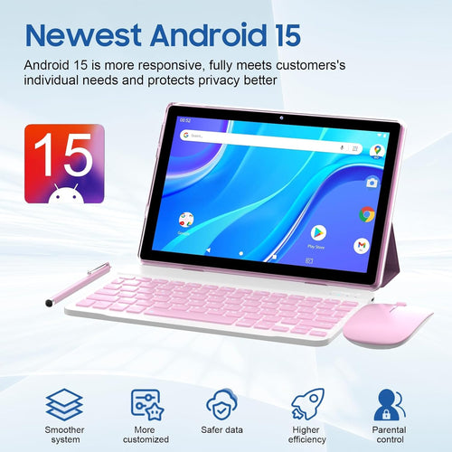 10 inch Android 15 Tablet with Keyboard Case Mouse Stylus Pink G514307
