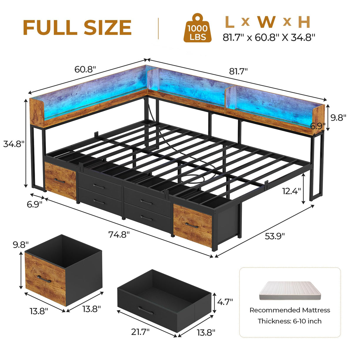 14 Inch Corner Bed Frame with Bookcase Storage, Full Daybed with 6 Drawers, Charging Station and LED Light, Black & Vintage Brown Q744399