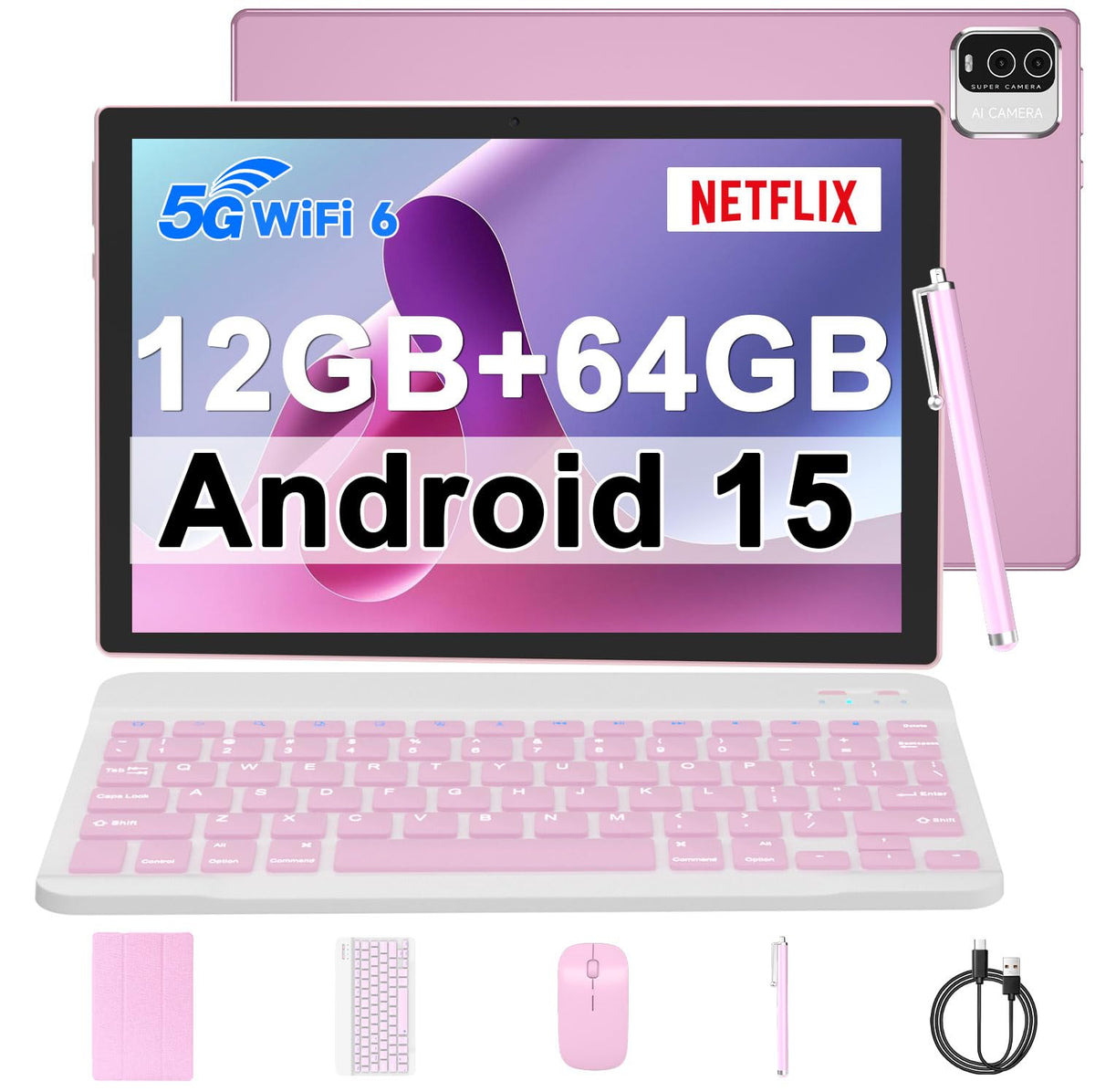 10 inch Android 15 Tablet with Keyboard Case Mouse Stylus Pink G514307