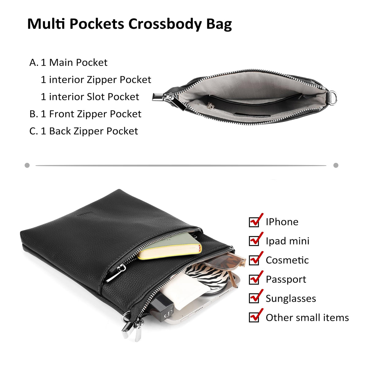 Genuine Leather Crossbody Purses with Adjustable Shoulder Strap P8361