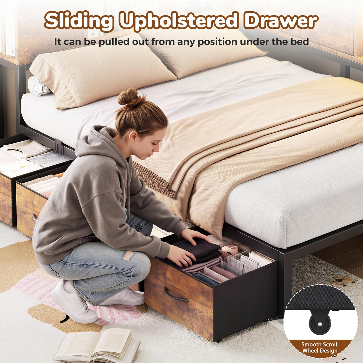 Twin Size Metal Platform Bed Frame with Storage Drawers and Bookcase Headboard B2252