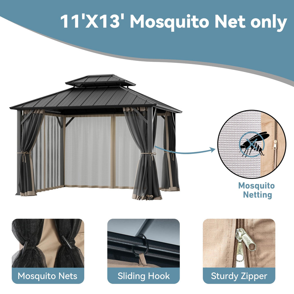 11' x 13' Gazebo Mosquito Netting Replacement 4-Panel Sidewalls with Double Zipper K413