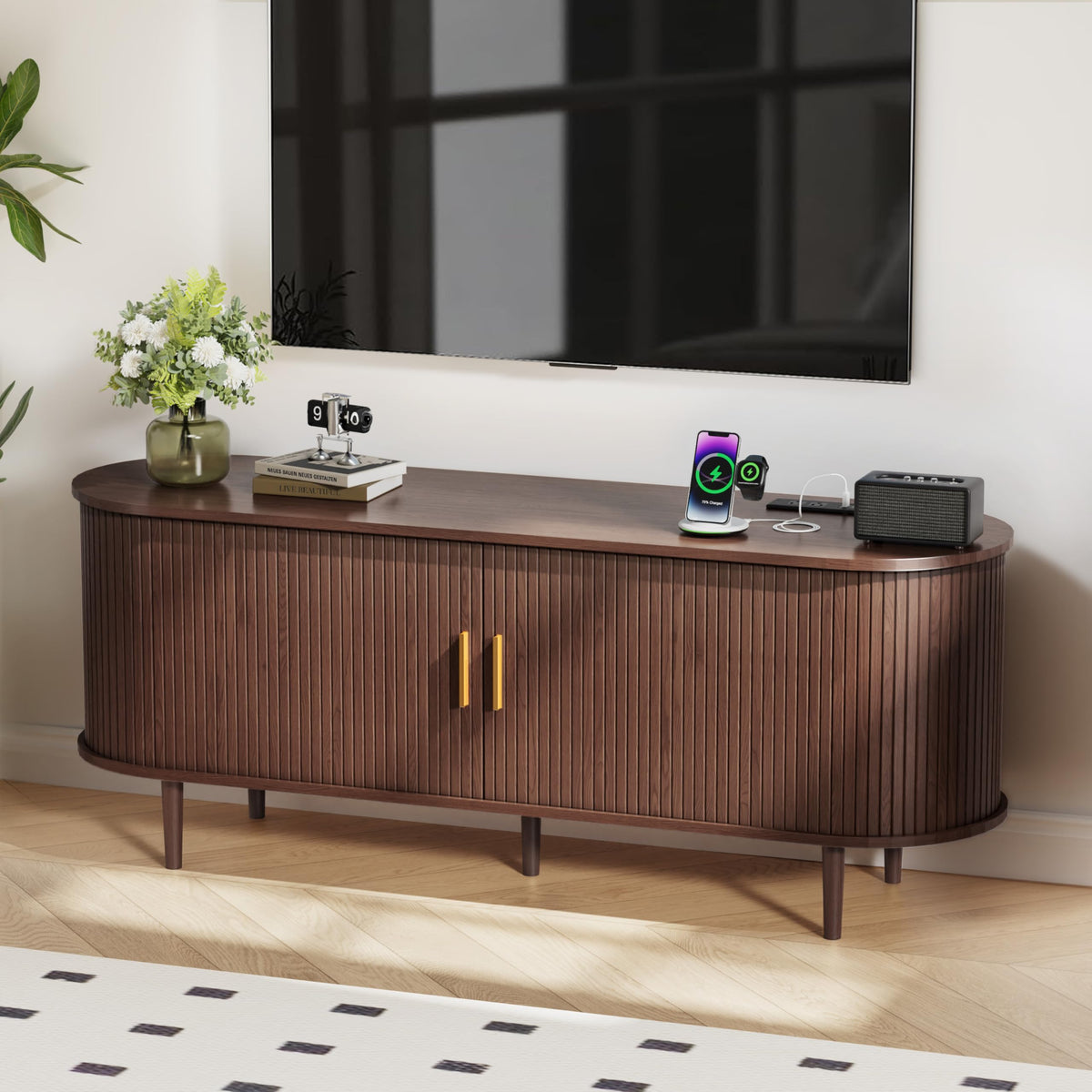 55 Inch Mid Century Modern TV Stand with Power Outlet and Adjustable Shelves J470