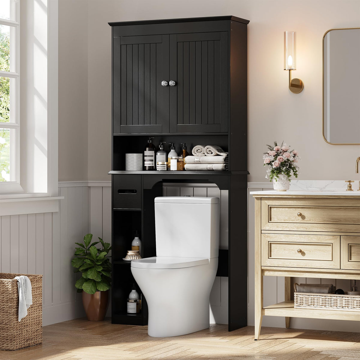 30" Over Toilet Storage Cabinet with Toilet Paper Box, Black M955976