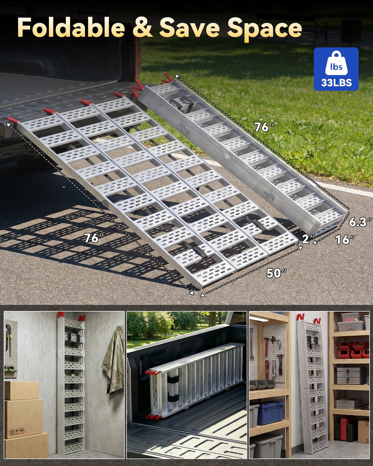 Tri-Fold Aluminum Loading Ramp, 1500 lbs Capacity, 76''L × 50''W N96945