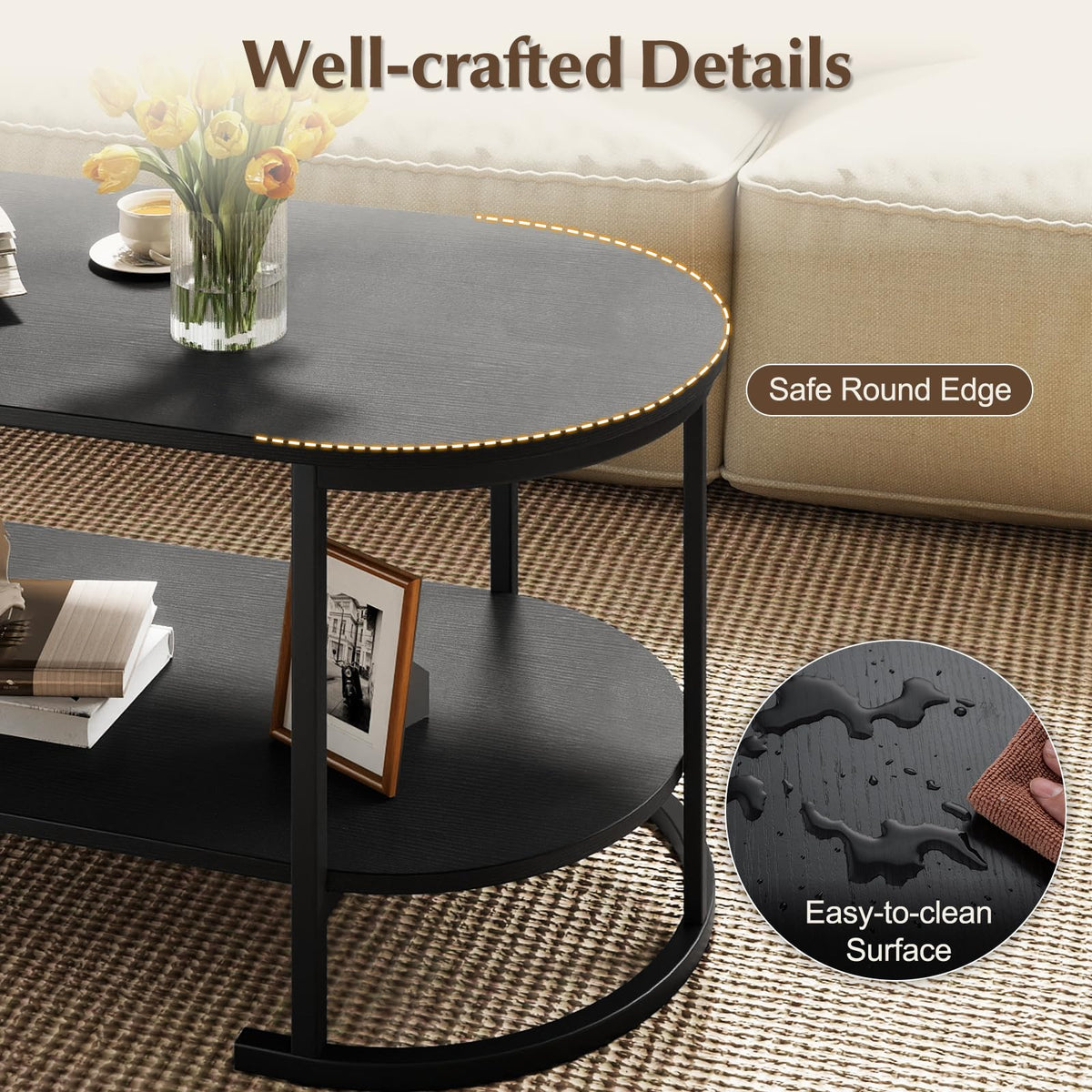 Black 2-Tier Oval Wood Coffee Table with Storage D861