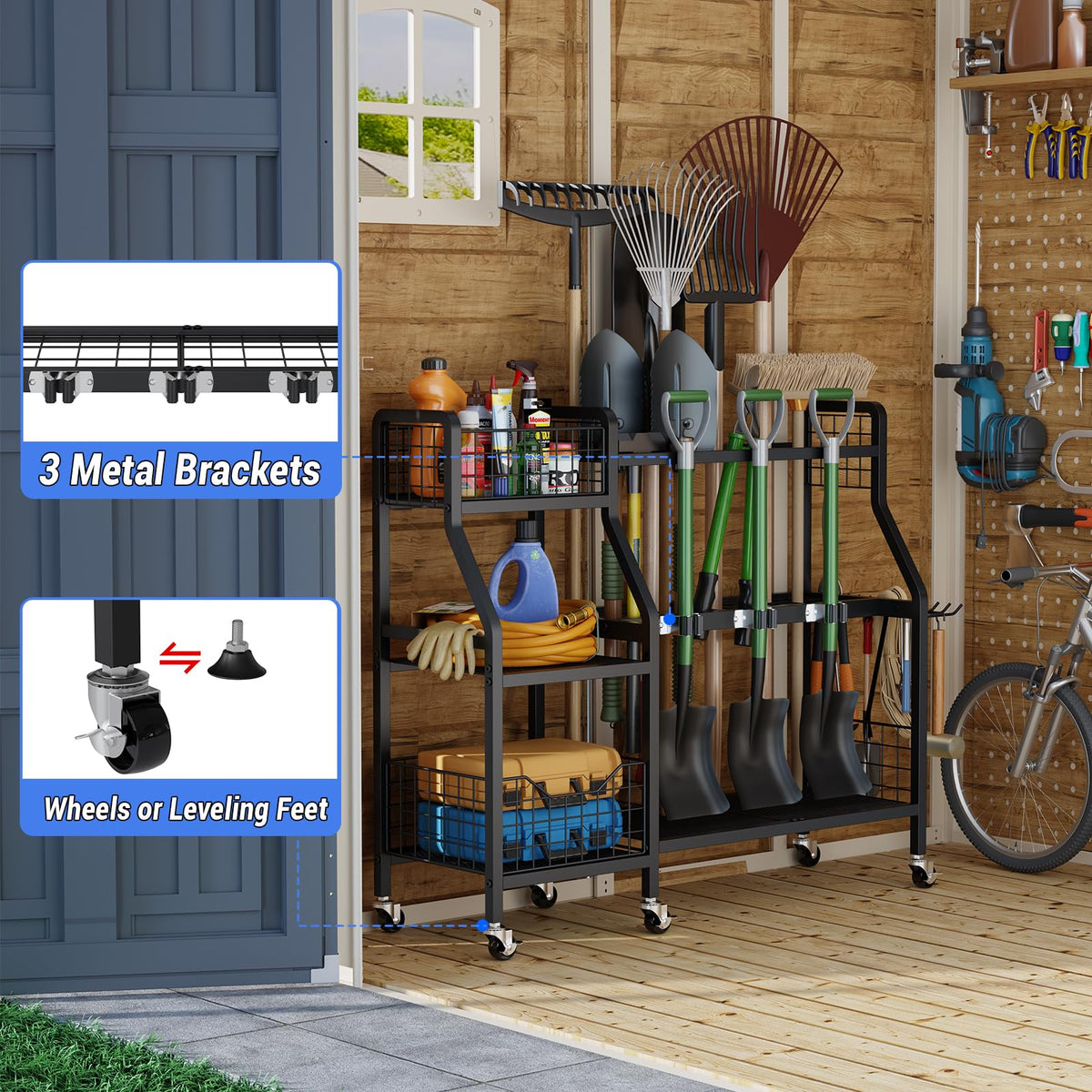 Heavy-Duty Garden Tool Organizer with 6 Wheels and 2 Baskets J1417