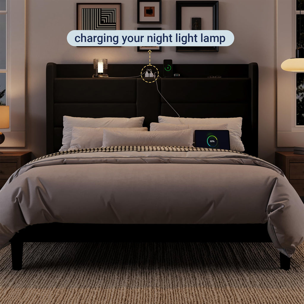 Queen Size Black Velvet Upholstered Platform Bed Frame with Storage Headboard K3899