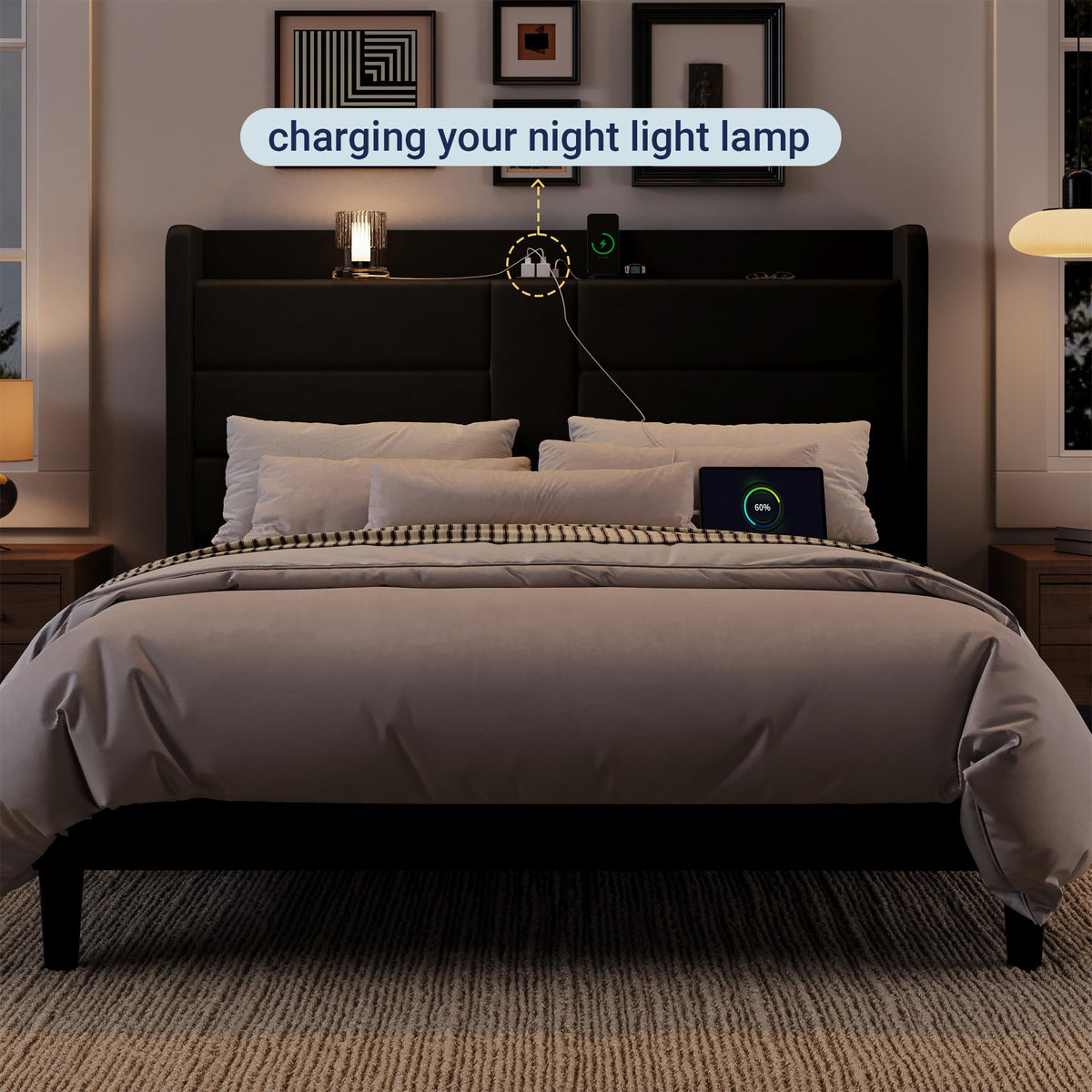 Queen Size Black Velvet Upholstered Platform Bed Frame with Storage Headboard K3899