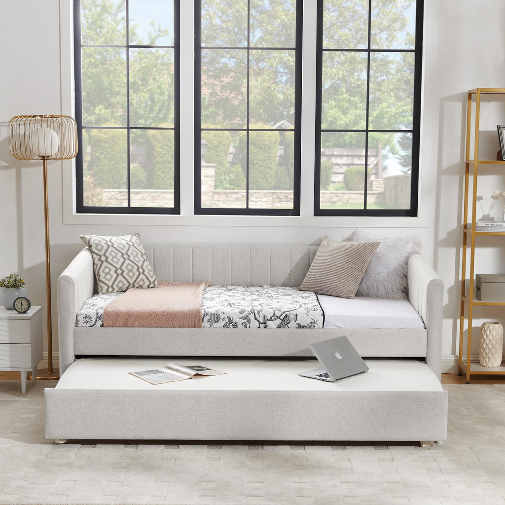Twin Size Upholstery Daybed with Trundle and Vertical Stripes G64987