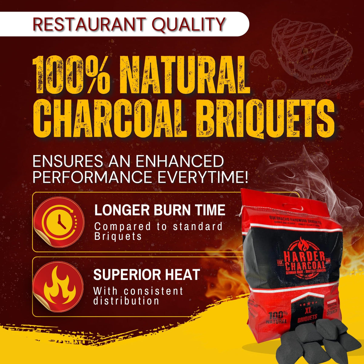XL Quebracho Hardwood Briquets, Natural Wood Charcoal with Cassava Starch (10 LB) G5024