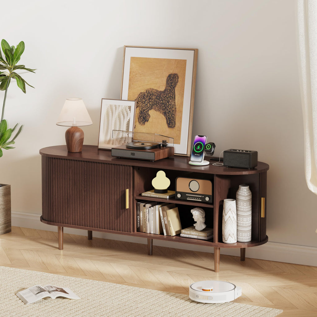 55 Inch Mid Century Modern TV Stand with Power Outlet and Adjustable Shelves J470