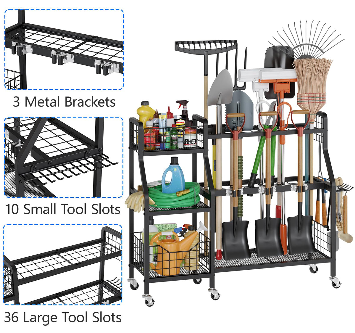 Heavy-Duty Garden Tool Organizer with 6 Wheels and 2 Baskets J1417