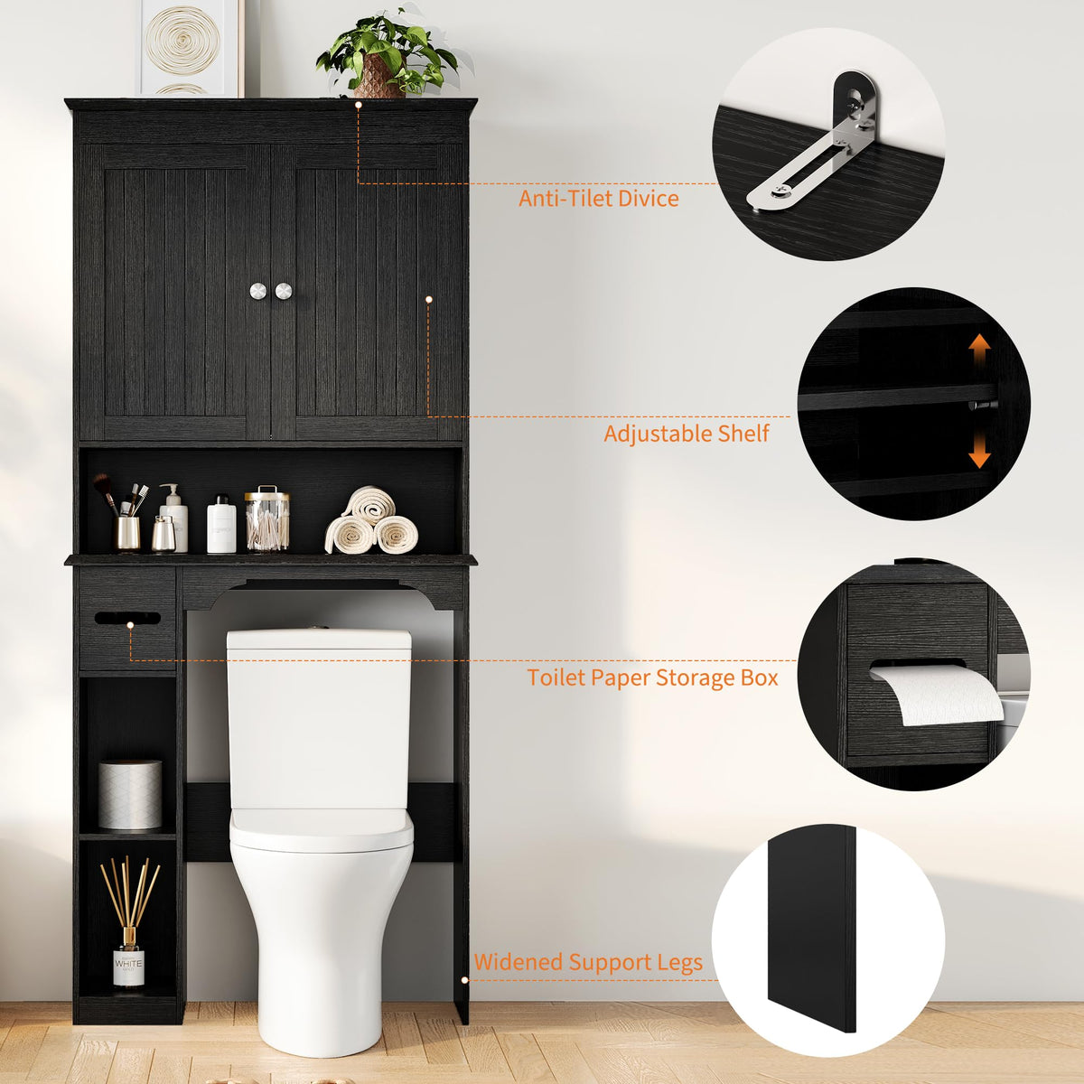 30" Over Toilet Storage Cabinet with Toilet Paper Box, Black M955976