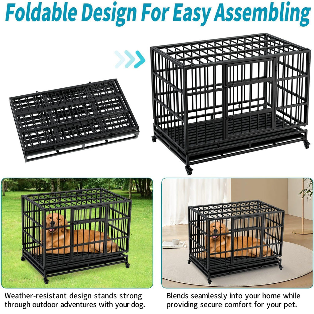 48 Inch Heavy Duty Metal Folding Dog Crate with Wheels and Double Doors E6525