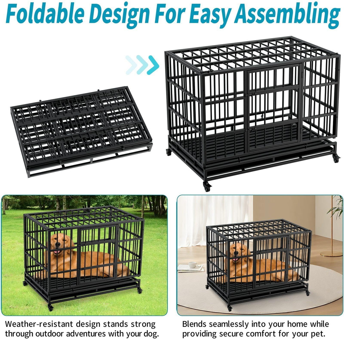 48 Inch Heavy Duty Metal Folding Dog Crate with Wheels and Double Doors E6525