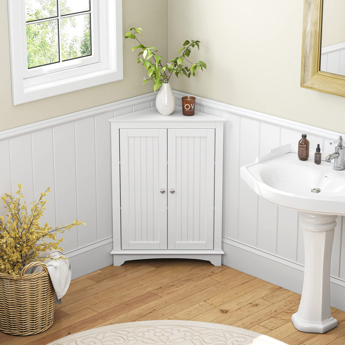 White Corner Bathroom Cabinet with Doors and Adjustable Shelf X71962