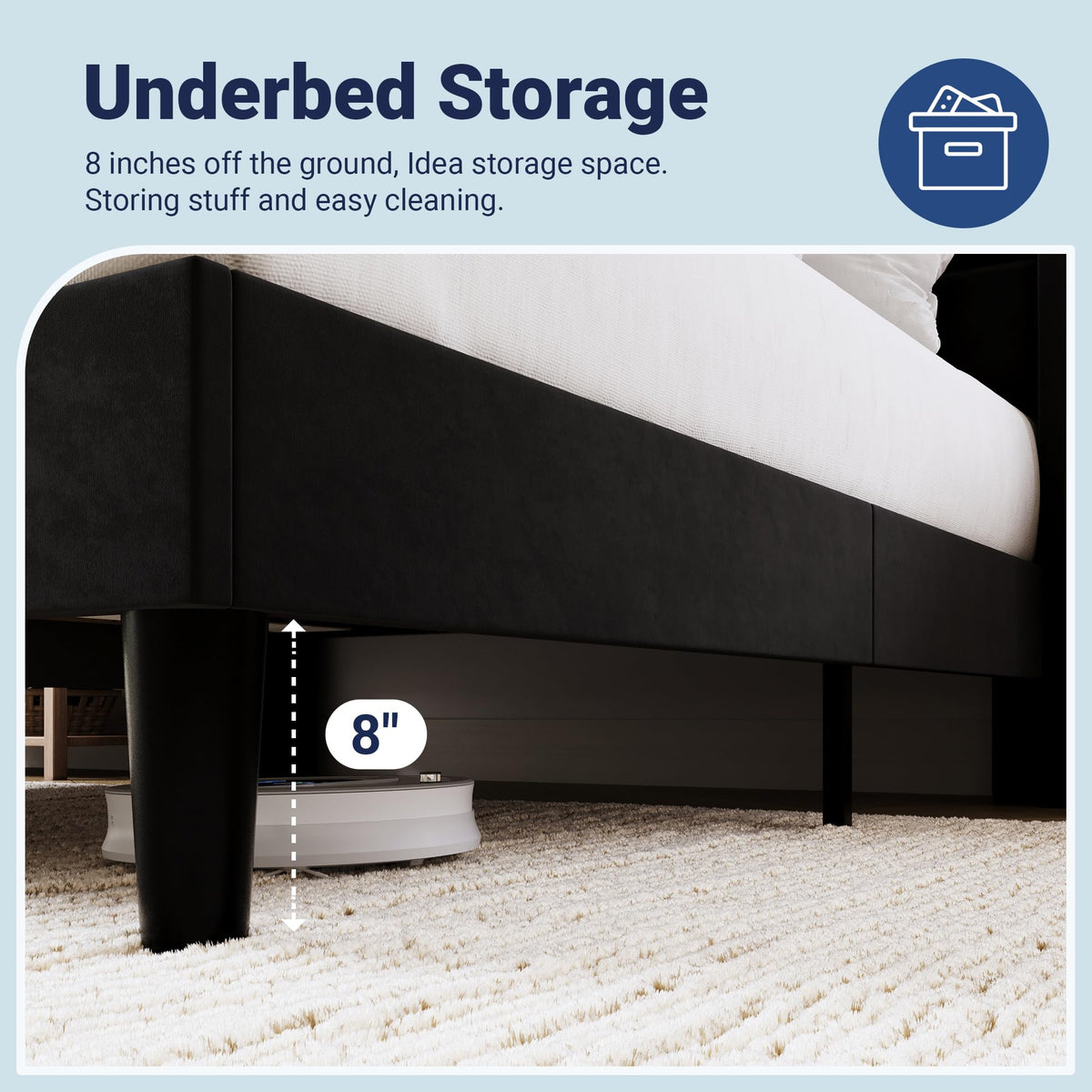 Queen Size Black Velvet Upholstered Platform Bed Frame with Storage Headboard K3899