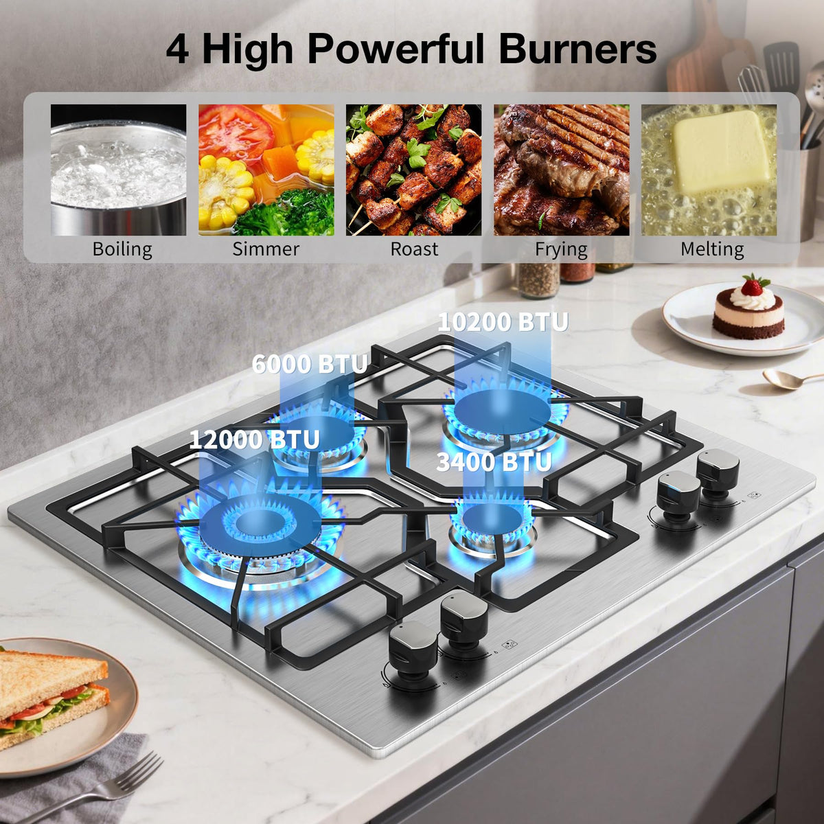 24 Inch 4 Burner Stainless Steel Gas Cooktop B4478