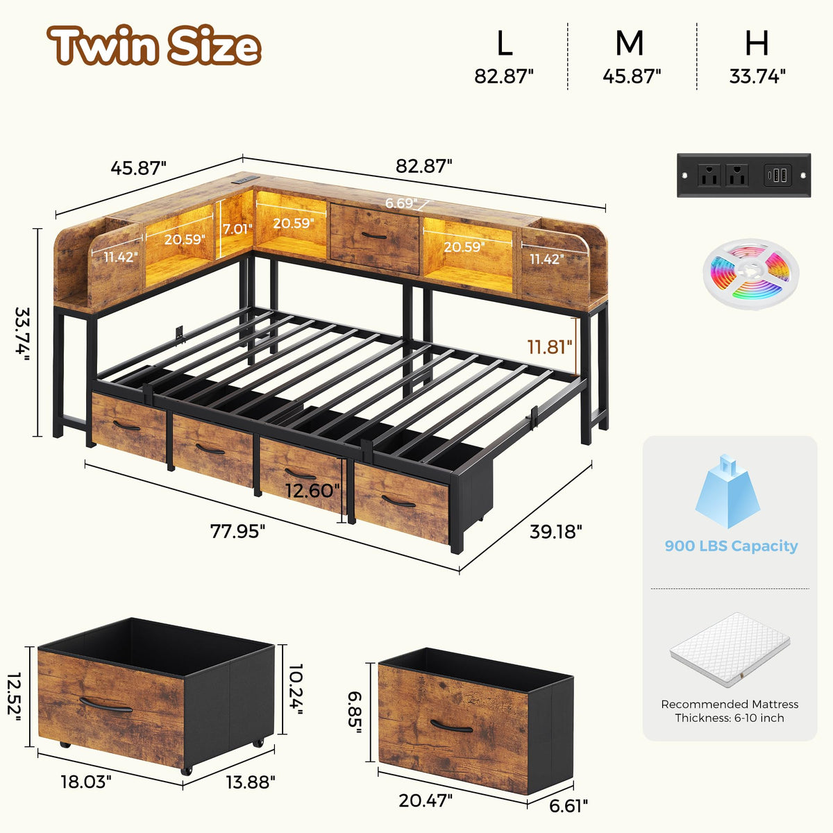 Twin Size Metal Platform Bed Frame with Storage Drawers and Bookcase Headboard B2252