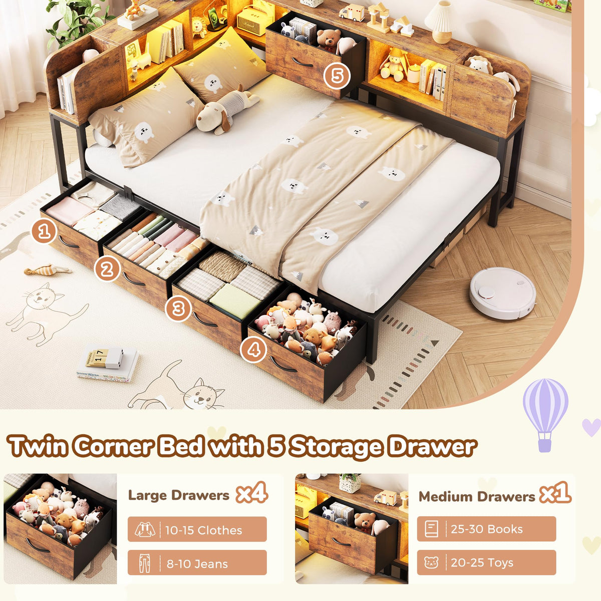 Twin Size Metal Platform Bed Frame with Storage Drawers and Bookcase Headboard B2252