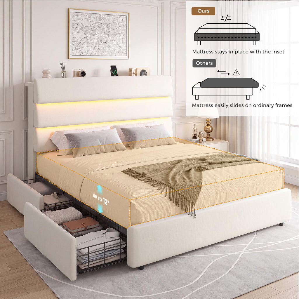 Beige Queen Size Bed Frame with 2 Storage Drawers Y343070