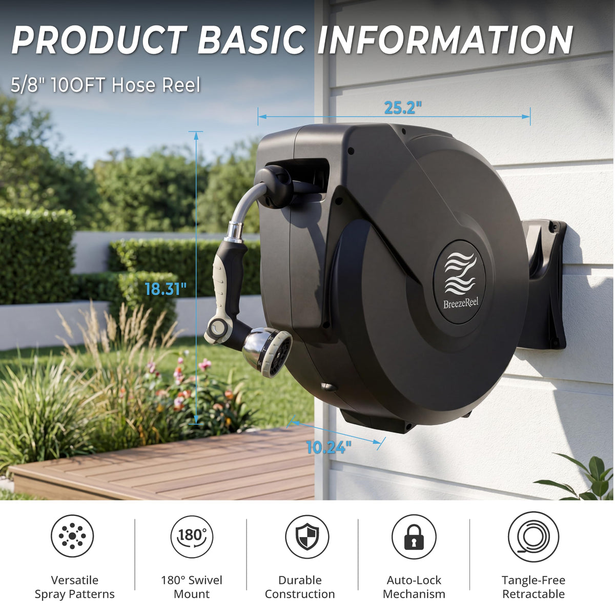 5/8 in x 100 ft Retractable Garden Hose Reel with 10 Patterns Nozzle D797