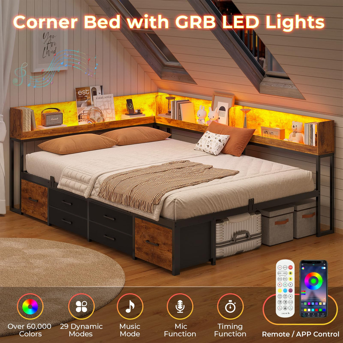 14 Inch Corner Bed Frame with Bookcase Storage, Full Daybed with 6 Drawers, Charging Station and LED Light, Black & Vintage Brown Q744399