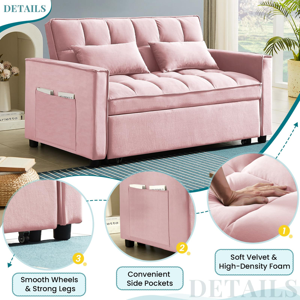 Pink Velvet Convertible Sleeper Sofa Bed B602679