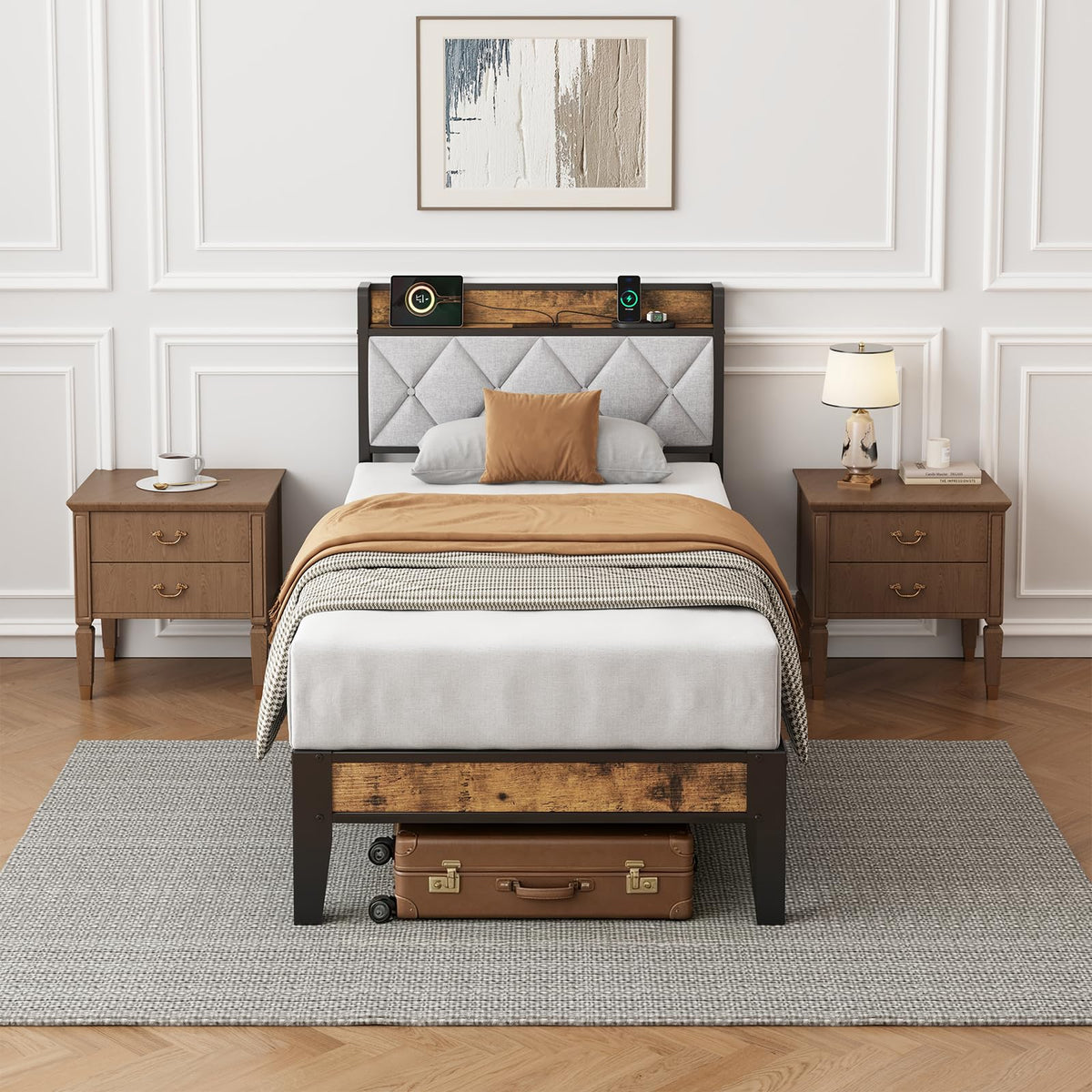 Twin Platform Bed Frame with USB Charging Ports F6506