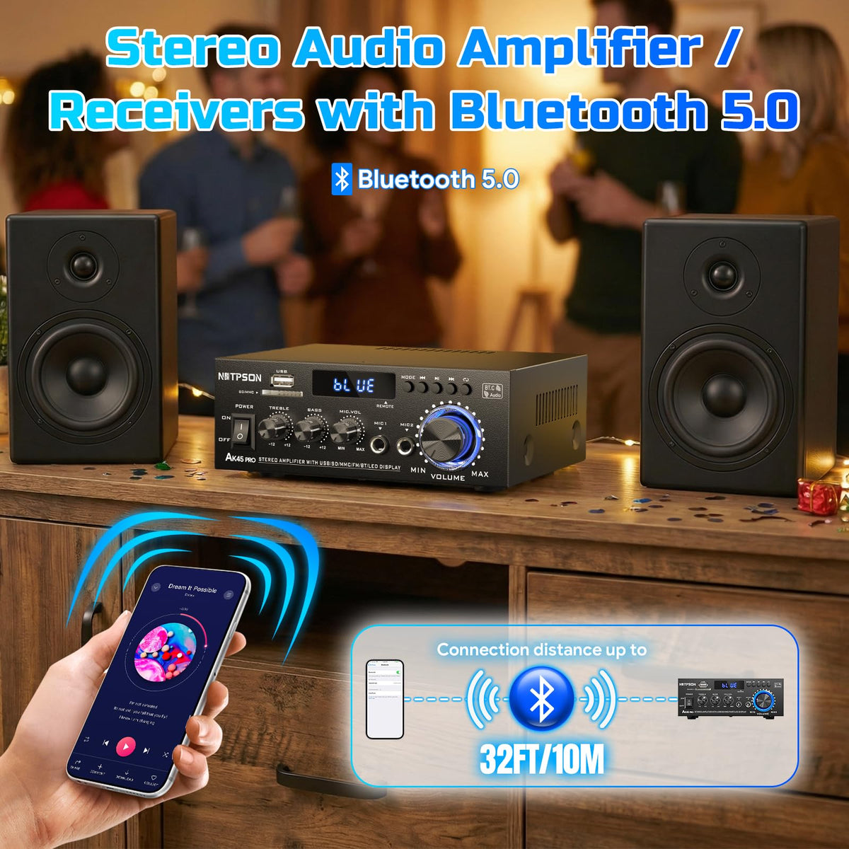 2CH 50W Bluetooth Stereo Receiver Amplifier with FM Radio B367025