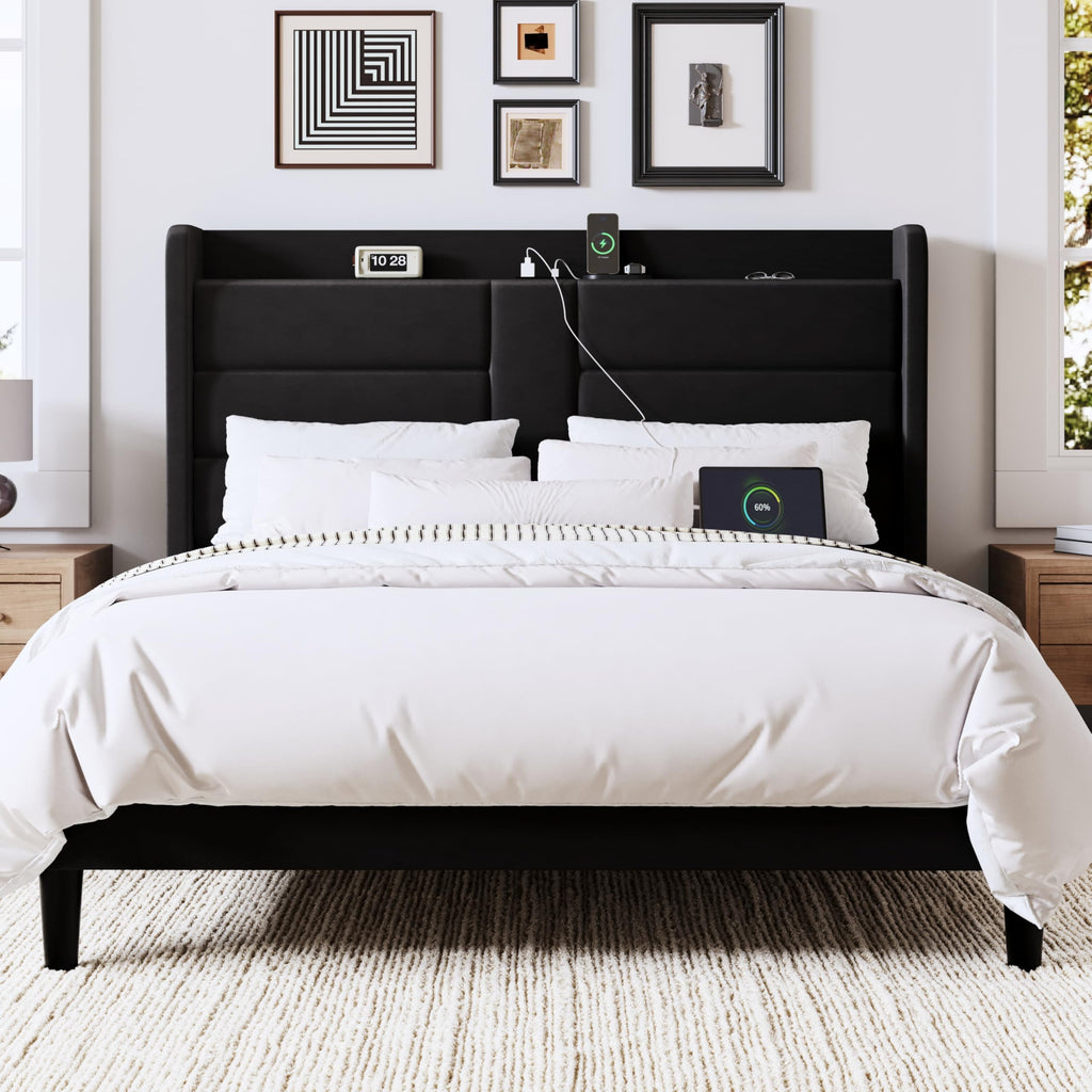 Queen Size Black Velvet Upholstered Platform Bed Frame with Storage Headboard K3899