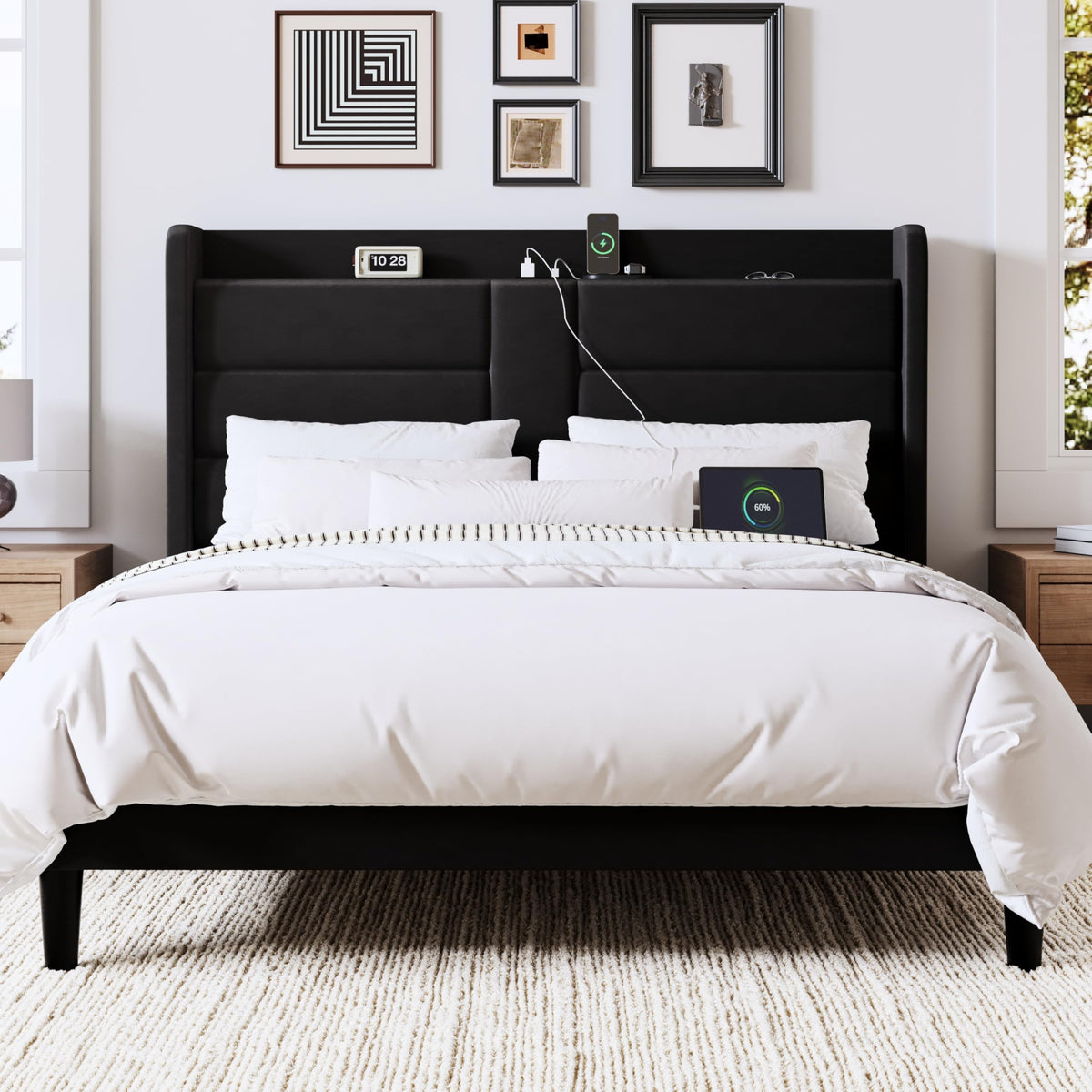 Queen Size Black Velvet Upholstered Platform Bed Frame with Storage Headboard K3899