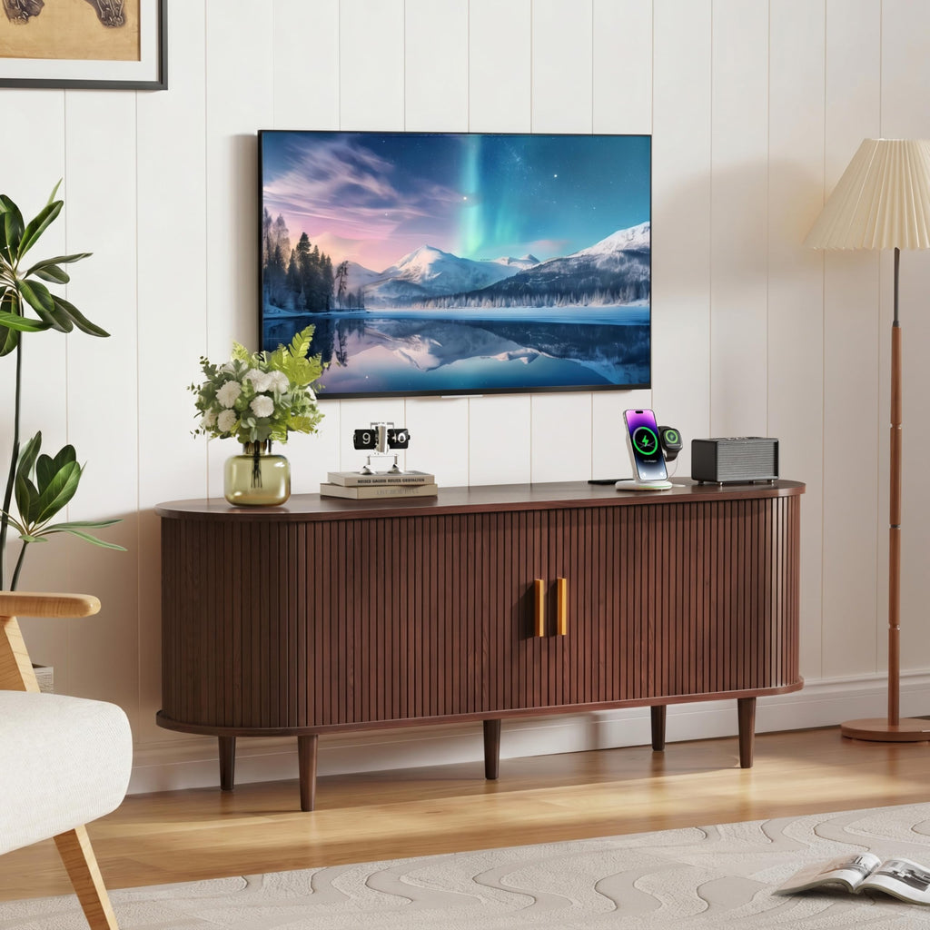 55 Inch Mid Century Modern TV Stand with Power Outlet and Adjustable Shelves J470
