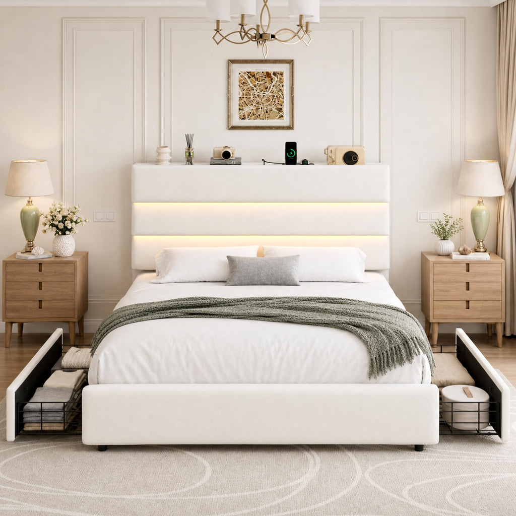 Beige Queen Size Bed Frame with 2 Storage Drawers Y343070