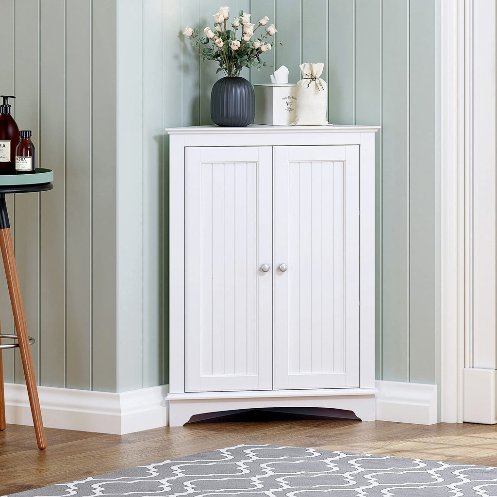 White Corner Bathroom Cabinet with Doors and Adjustable Shelf X71962