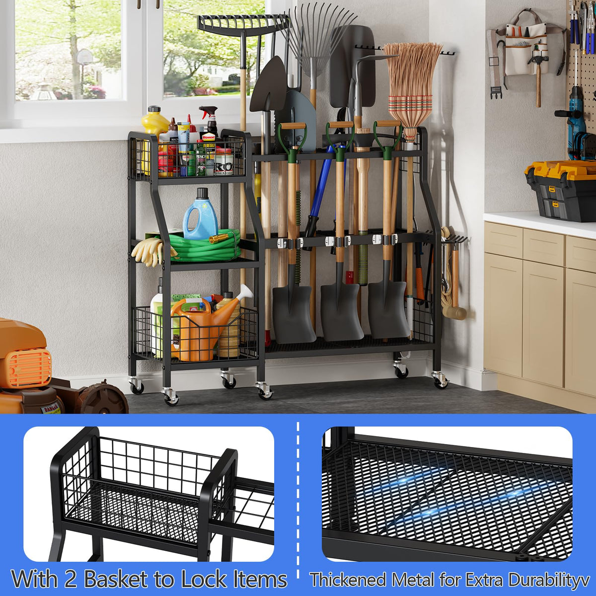 Heavy-Duty Garden Tool Organizer with 6 Wheels and 2 Baskets J1417