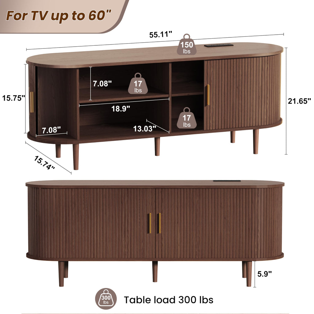 55 Inch Mid Century Modern TV Stand with Power Outlet and Adjustable Shelves J470