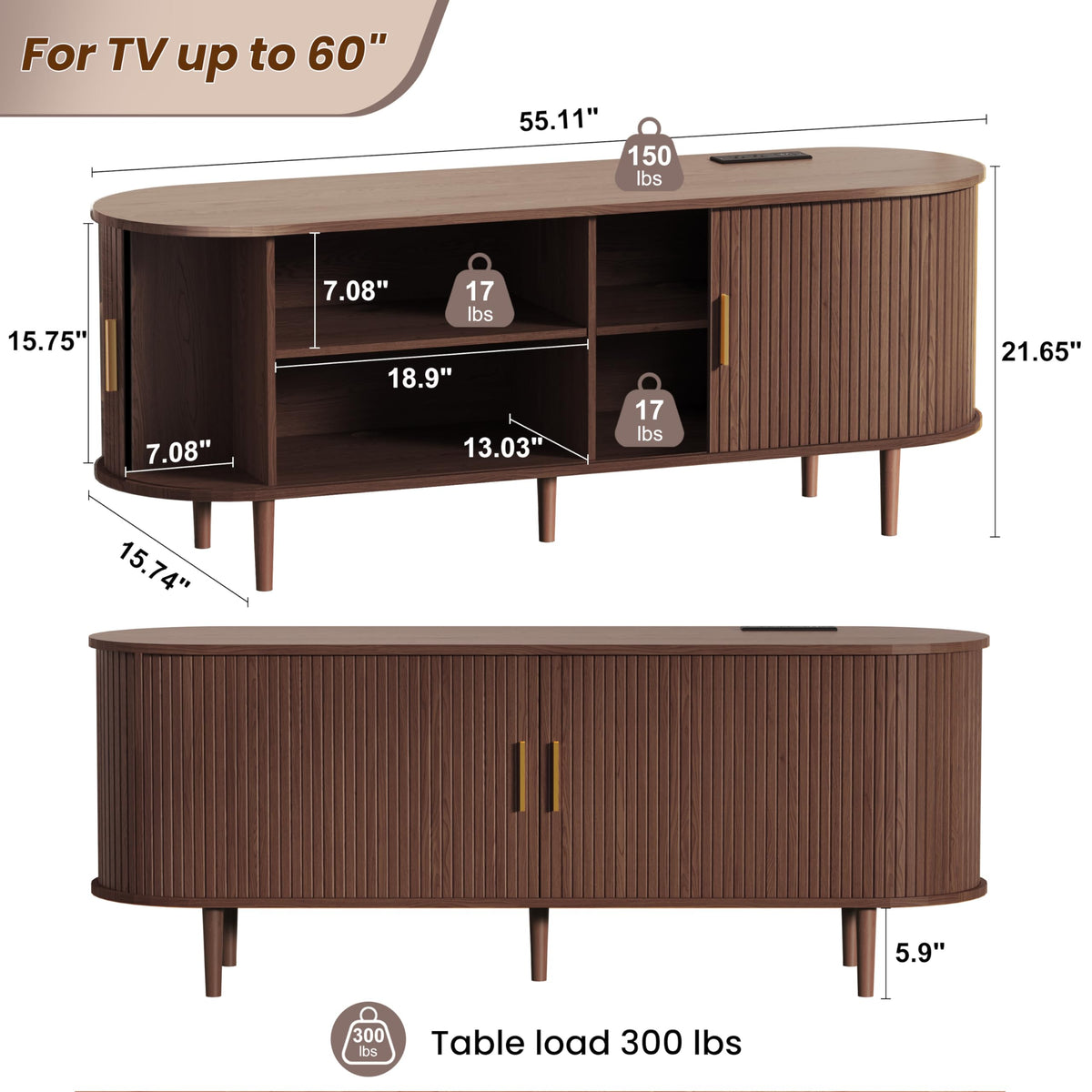 55 Inch Mid Century Modern TV Stand with Power Outlet and Adjustable Shelves J470