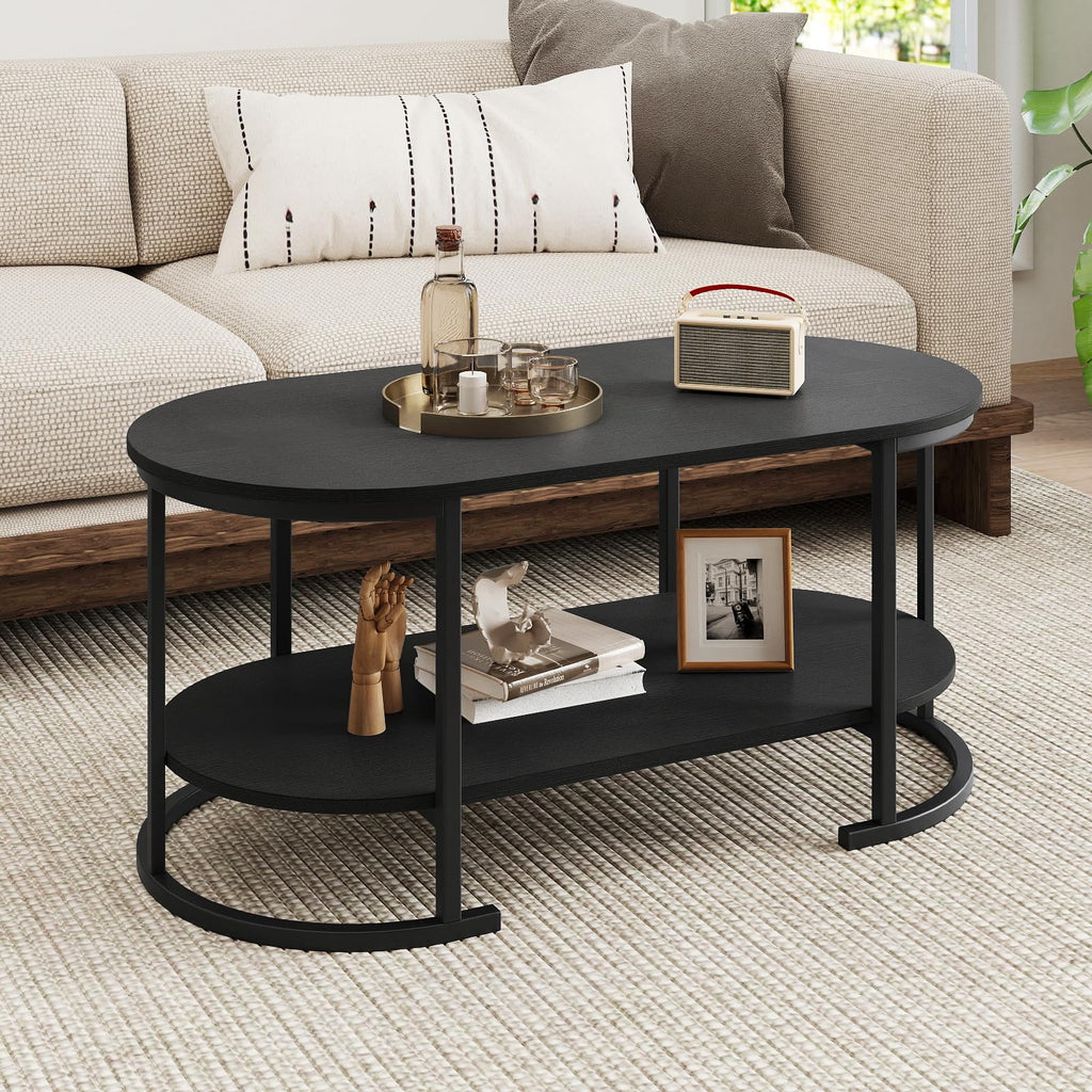 Black 2-Tier Oval Wood Coffee Table with Storage D861
