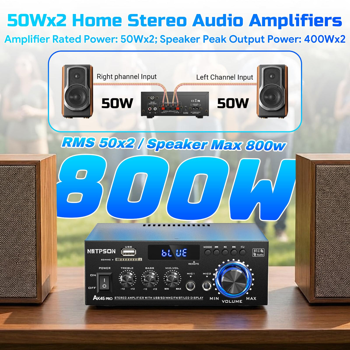 2CH 50W Bluetooth Stereo Receiver Amplifier with FM Radio B367025