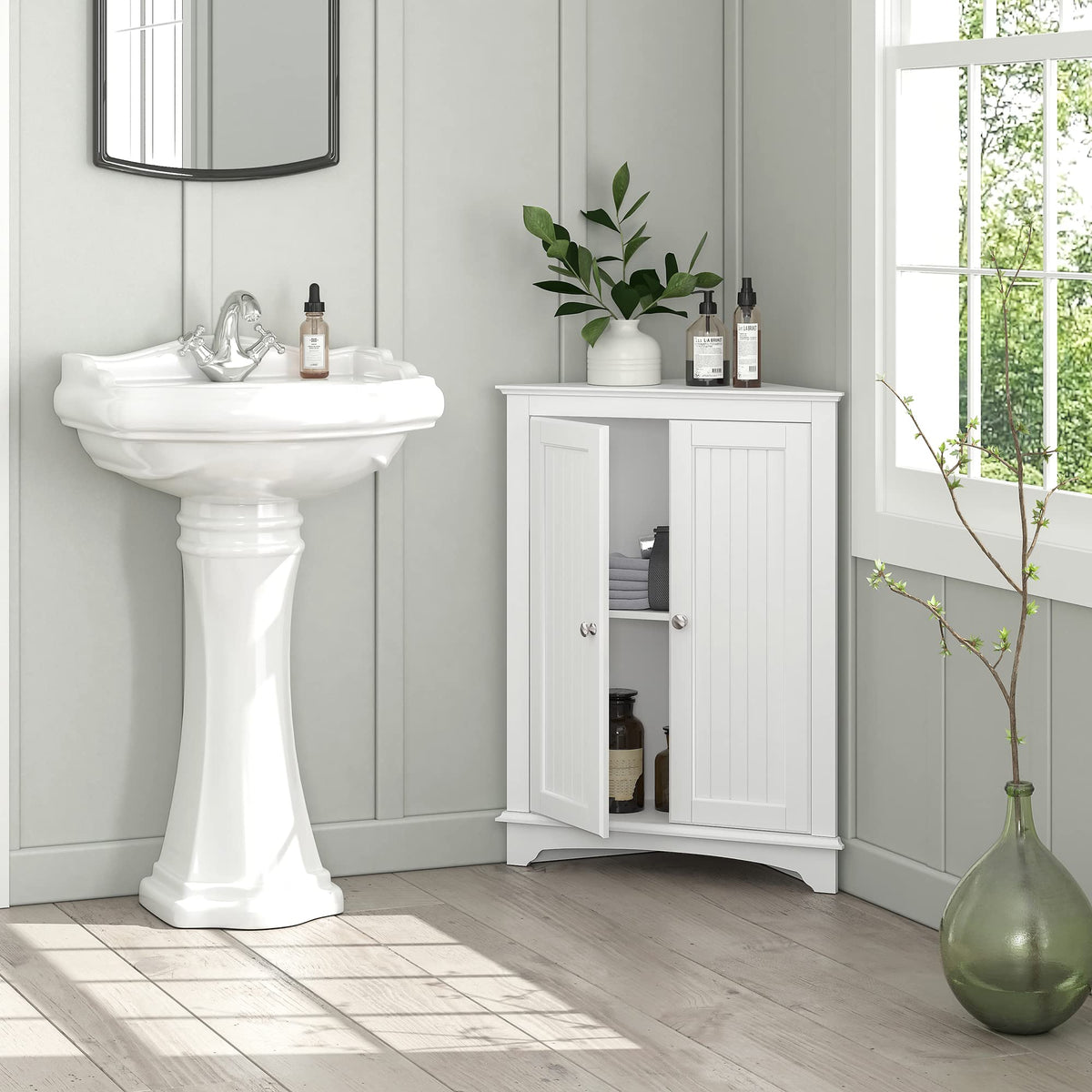 White Corner Bathroom Cabinet with Doors and Adjustable Shelf X71962