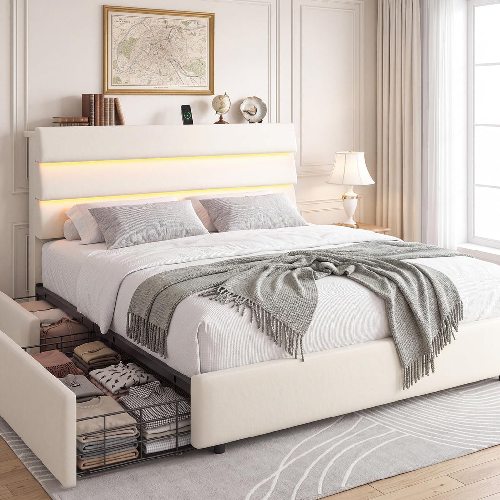 Beige Queen Size Bed Frame with 2 Storage Drawers Y343070