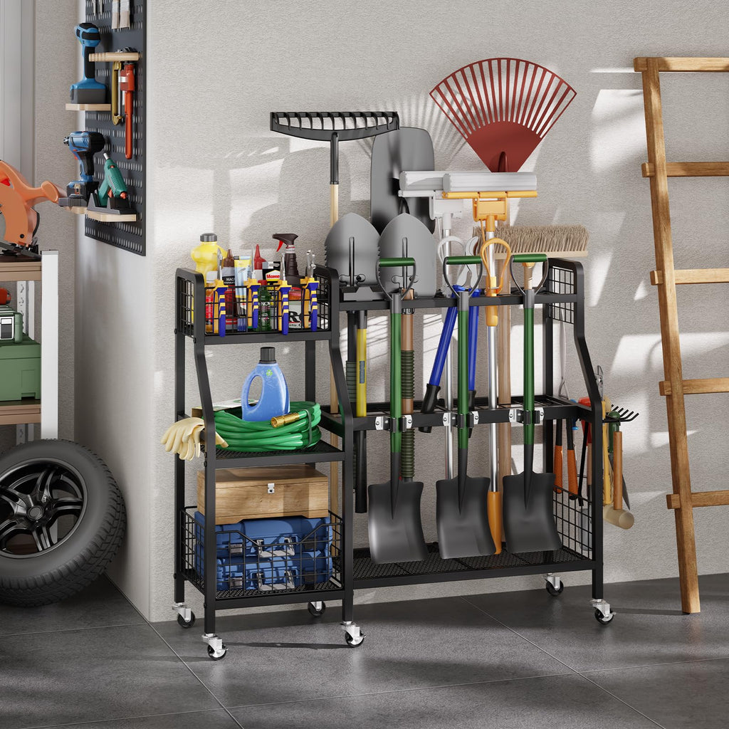 Heavy-Duty Garden Tool Organizer with 6 Wheels and 2 Baskets J1417
