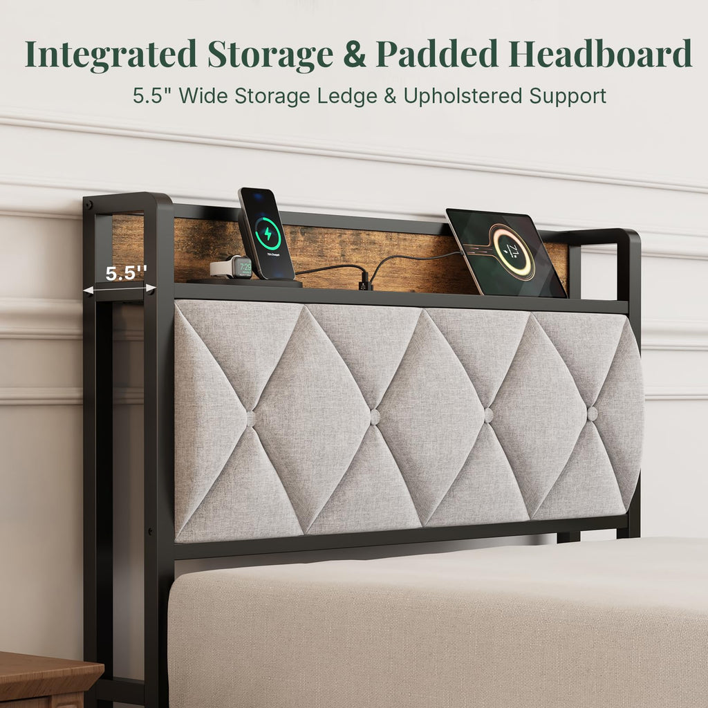 Twin Platform Bed Frame with USB Charging Ports F6506
