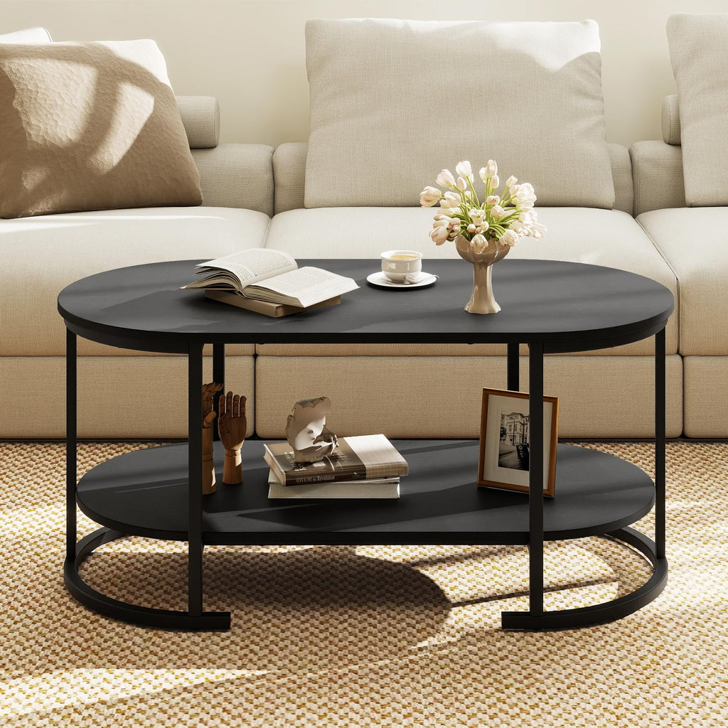 Black 2-Tier Oval Wood Coffee Table with Storage D861