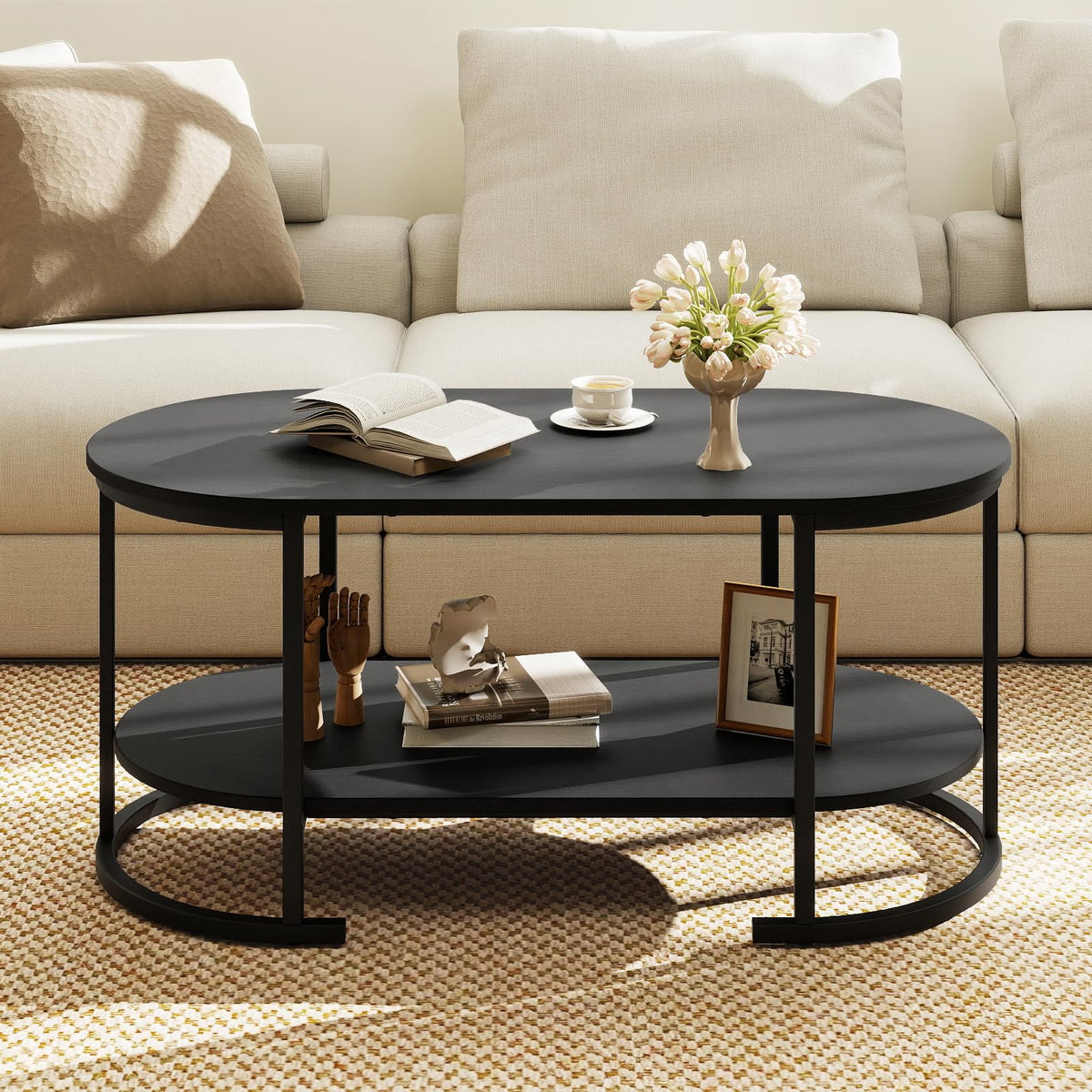 Black 2-Tier Oval Wood Coffee Table with Storage D861